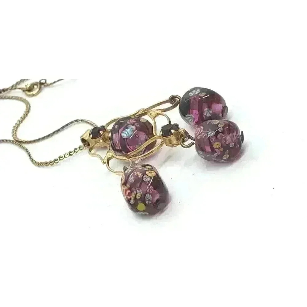 Vintage MCM Japanese Tombo Millefiori Art Glass Bead Necklace 14k Gold Plate - Picture 5 of 10